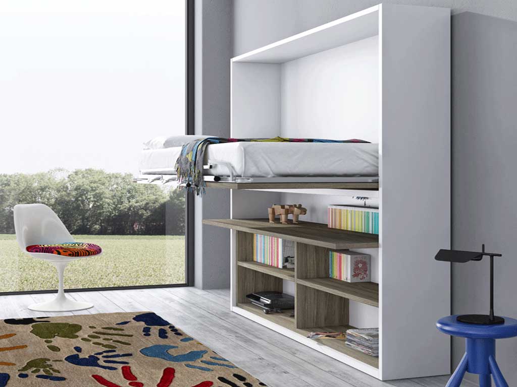 Litera abatible superior con mesa inferior y librería.