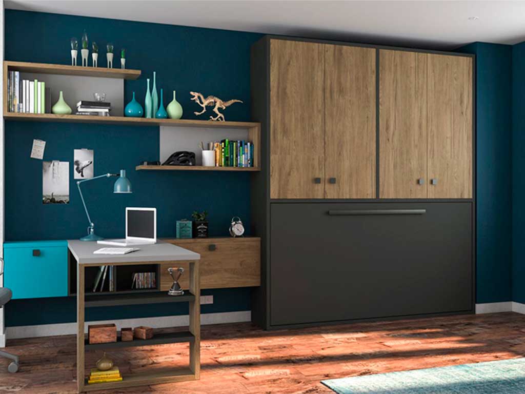 Cama abatible horizontal con armario superior.