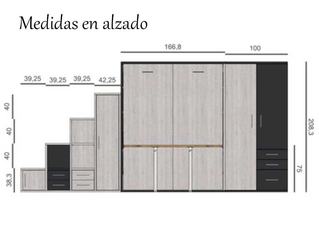 Cama abatible de matrimonio con mesa de salón abatible incoporada.