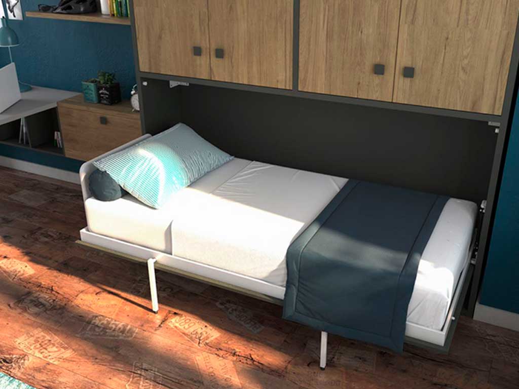 Cama abatible modelo cross abierta con armario superior.