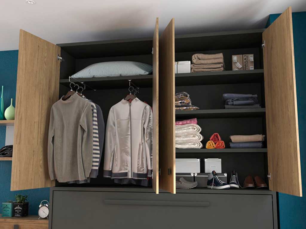 Cama abatible modelo cross abierta con armario superior.
