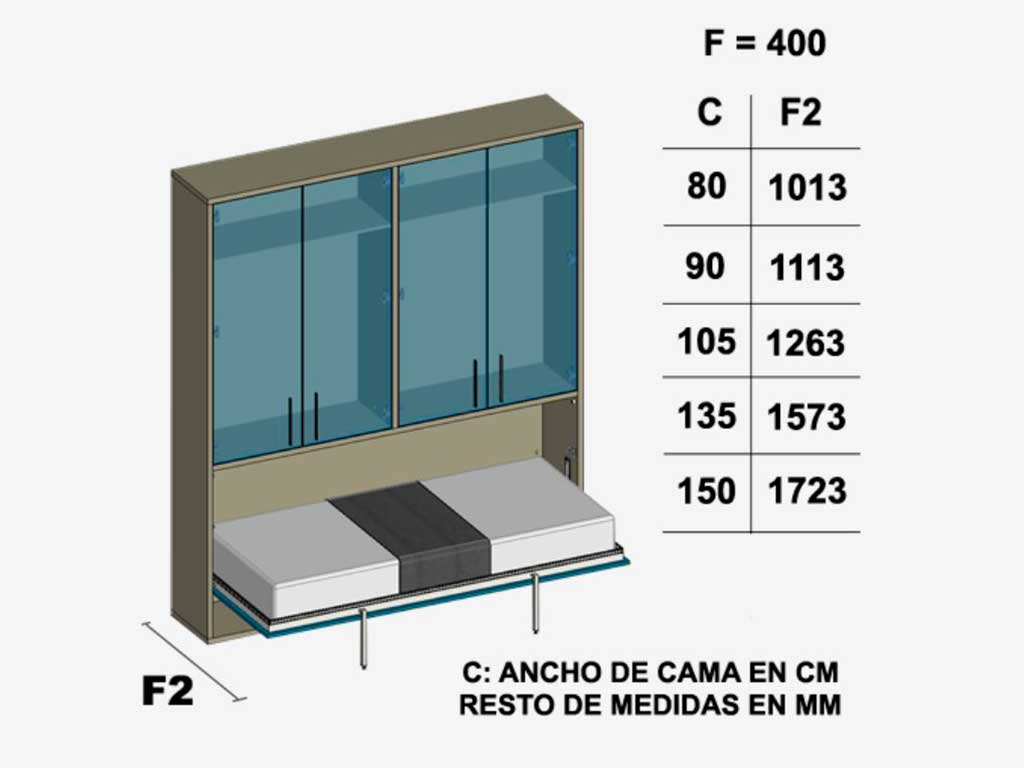 Cama abatible de matrimonio con armario superior.
